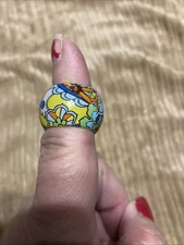 Vintage floral acrylic dome 5/8”wide band ring, size 7 orange/pink/ yellow