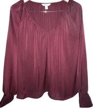 NINE WEST V-neck Blouson Blouse Top Dress Shirt Plum Shadow Stripe Women's Sz L