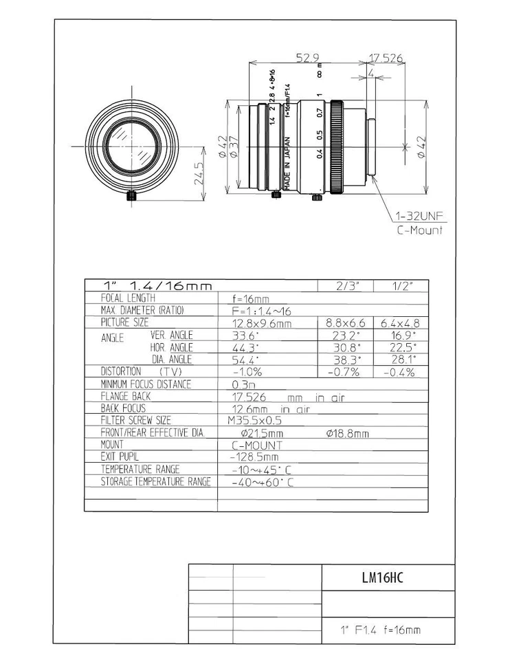 Kowa LM16HC 16mm Lente Fija Formato 1", F1.4 Nuevo Foto 4 de 4