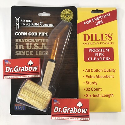 Missouri Meerschaum ''BENT'' Corn Cob Pipe Dill's Cleaners & Dr Grabow Filters