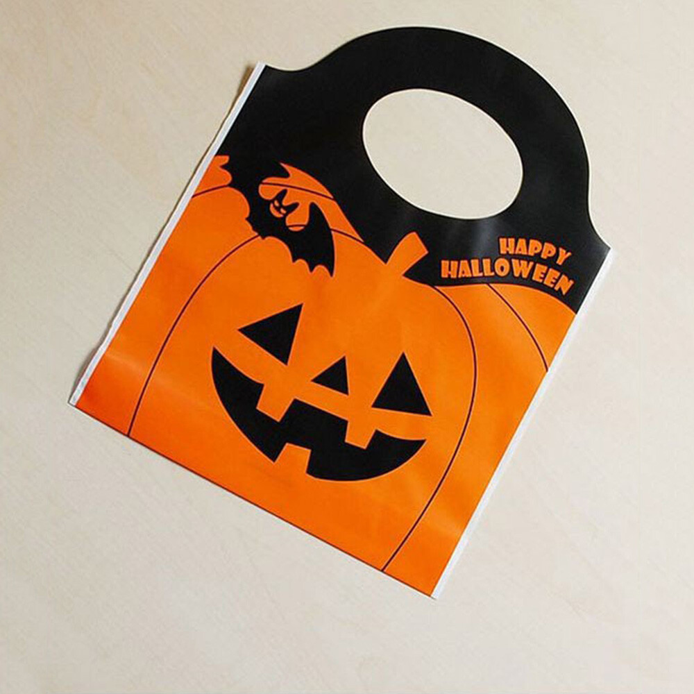 50pcs Happy Halloween Gift Bags Orange Pumpkin Head Candy Plastic Tote