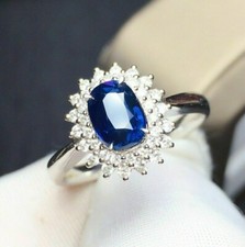 2Ct Oval Cut Blue Sapphire Halo Wedding Ring 14K White Gold Plated Lab Created