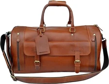 Genuine Full Grain Leather Duffle Bag - Stylish Barrel, YKK Zipper Weekender Bag
