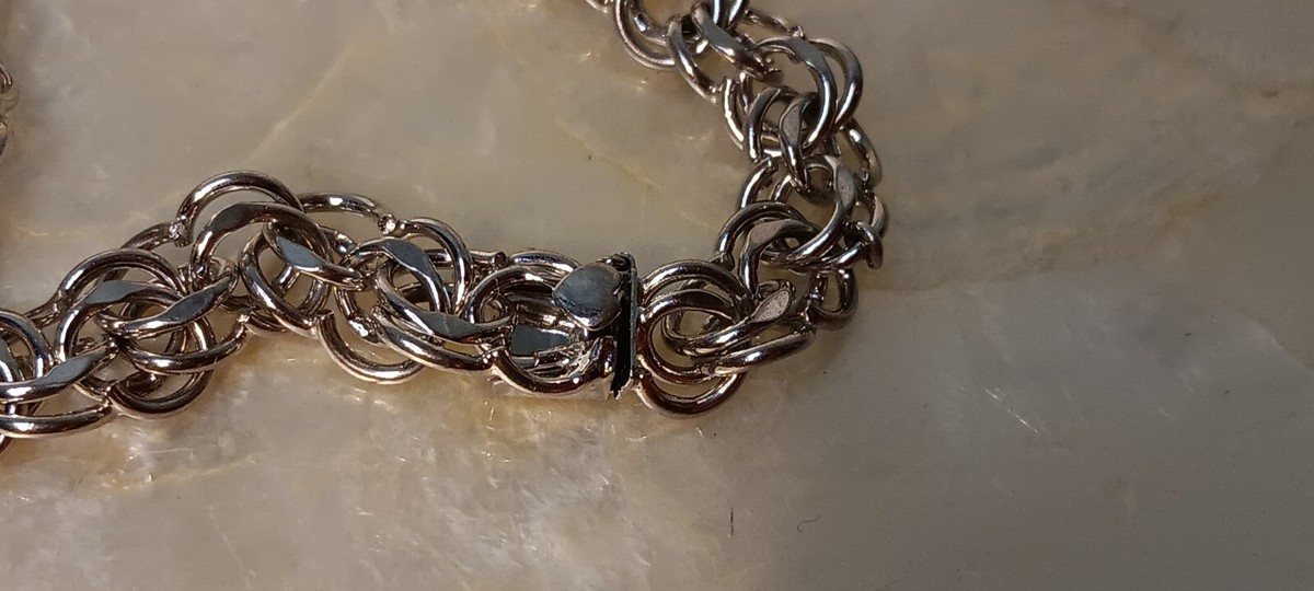 Vintage Sterling Elco Charm Bracelet Heart Button Box Clasp