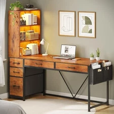 Computer Desk with 5 Drawers&Bookshelf, Reversible Home Office Desk w/LED Lights