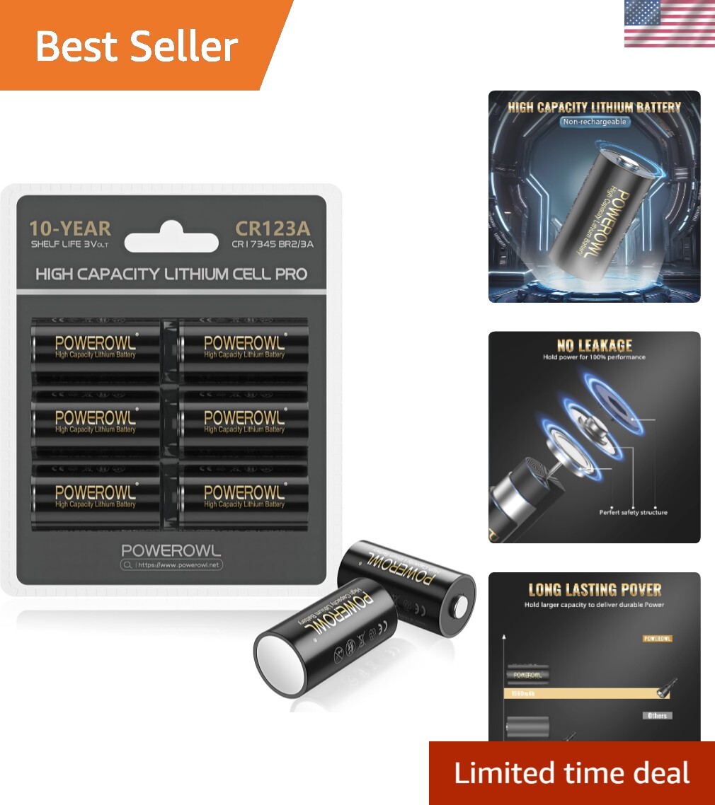 Durable 6-Pack CR123A Lithium Batteries - Extended Shelf Life & Versatile Use