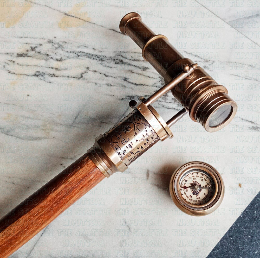 Solid Brass Telescope Compass On Top Head Handle … - image 9
