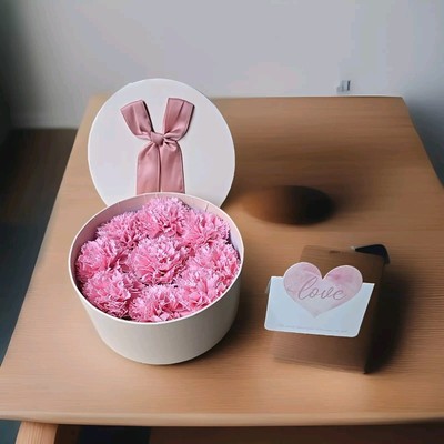 Luxury Beautiful Faux Floral Carnation Gift Box Round 7'' Pink Bow Note Card 