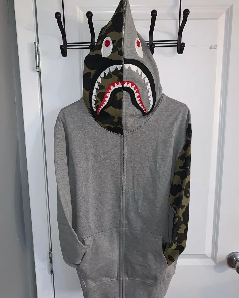 BAPE Full-Zip Grey Shark Hoodie Camo Sleeve MENS MEDIUM