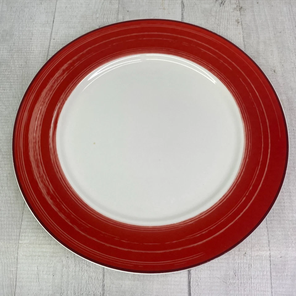 Juego de 4 platos de cena de gres Gorham Emeril JULIA STREET Lagassee banda roja bloques Foto 4 de 4