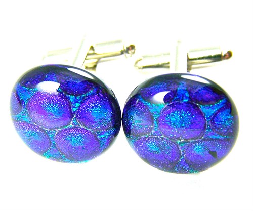 Cuff Links DICHROIC Fused GLASS Emerald Green Bubbles Round Mens Formal Wear - 第 4/8 張圖片