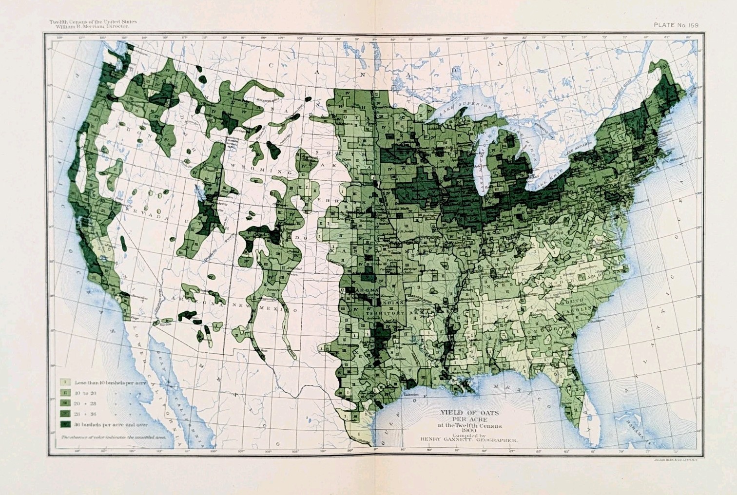 1900 UNITED STATES - OAT FARMING Map ORIGINAL (13x8.25) ANTIQUE COLOR