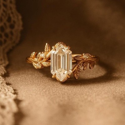 Hexagon Moissanite Engagement Ring 14k Gold Vintage Nature Inspire Leaf Ring Her