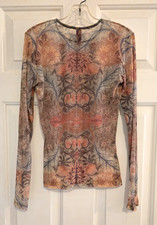 "Just In Time" Mesh Top M Sheer Floral Rhinestone Y2K Made in USA Fairycore VTG