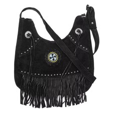 Women Black Native American Western Crossbody Suede Leather Handbag Fringe Purse