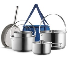 Camping Cookware Set 304 Stainless Steel 8-Piece Pots  Pans Small, Silver