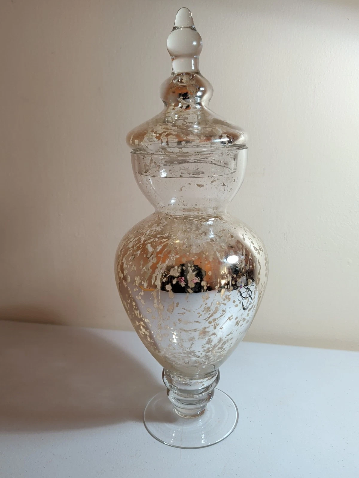 XL Vtg Footed Mercury Glass Apothecary Jar Lidded 16" Tall