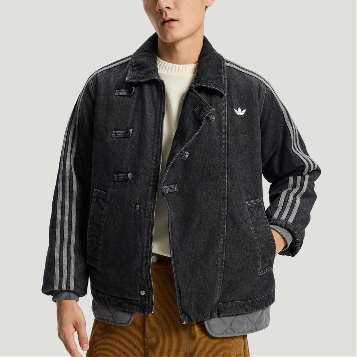 adidas Originals Men's Black Denim Jacket Three Stripes Chinese