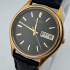 VTG Seiko Quartz Watch 7N43-8A99 Men Gold Tone Day Date Leather Analog New Batte