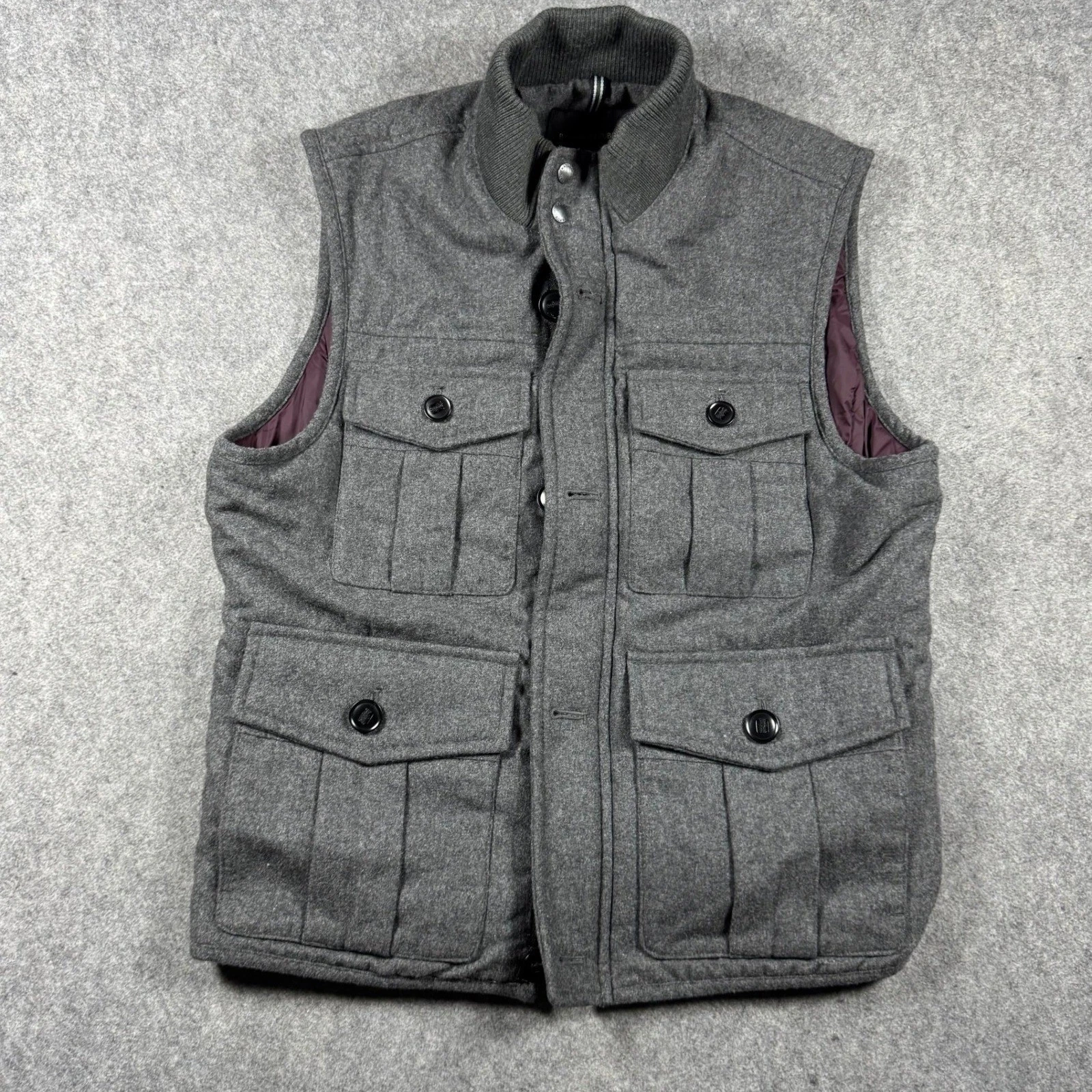 Banana Republic Mens Grey Wool Blend Utility Cargo Vest Medium Mock Neck Zip Up