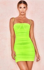 House of CB Ella Ruched Neon Yellow Mini Dress Corset Sleeveless Sz Small