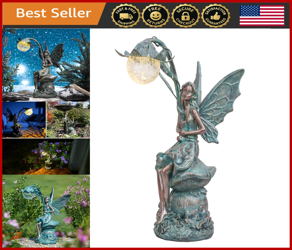 Fairy Garden Solar Light Outdoor Resin Bronze Figurine 13.8 Inch
