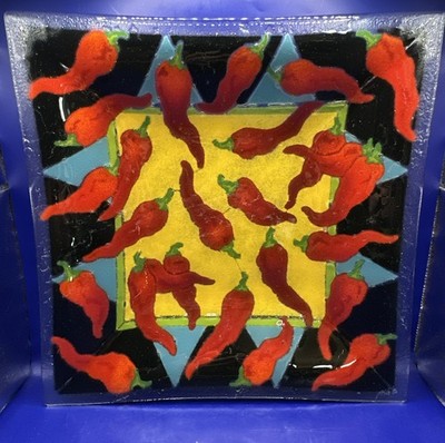 Signed 12.5  Fused Art Glass Chili Pepper Serving Dish Square- Peggy Karr 2000