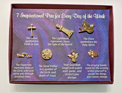 7 INSPIRATIONAL CHRISTIAN GOLD TONE PINS FOR EVERY DAY OF THE WEEK IN BOX I146