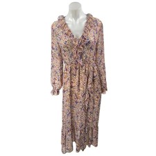 Zara Multicolor Long Puff Sleeve V-Neck Ruffle Cutout A Line Maxi Dress Size M