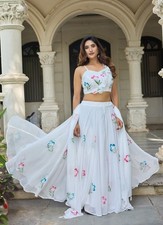 Women s Hand Painted Floral Georgette Lehenga Choli Set Designer Blouse Dupatta