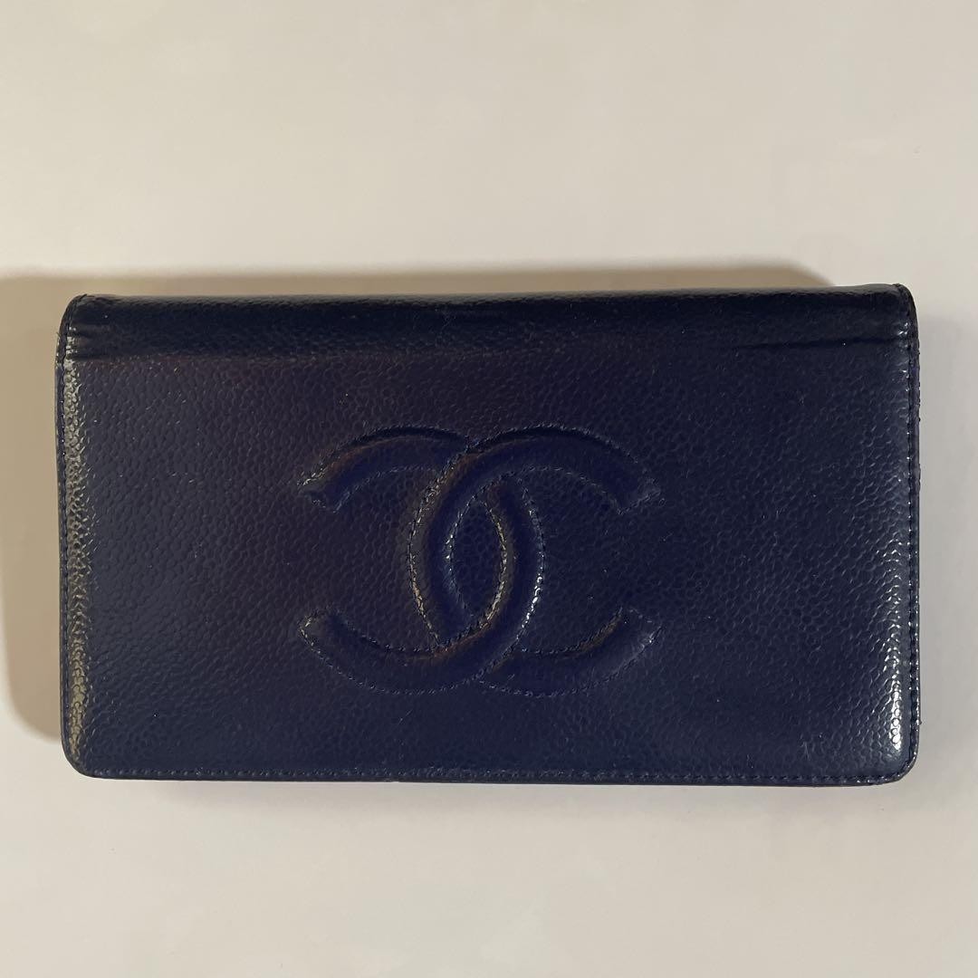 Chanel Navy Leather Bifold Wallet Enamel 8 Card Pockets Used