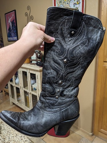 Black Leather Western Cowgirl Boots Embroidered Stitched Shaft Stud Accents