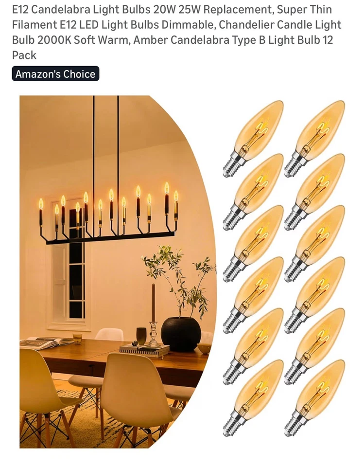 E12 LED Candelabra Filament Bulbs 20W‑25W Equivalent – 2000K Warm Amber 12 - Image 3 of 4