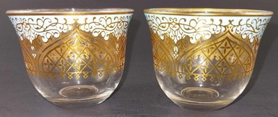 PAIR KAHWA ARABIC GLASS COFFEE TEA TURKISH CUPS 24k GOLD & TURQUOISE 2'' TALL EA