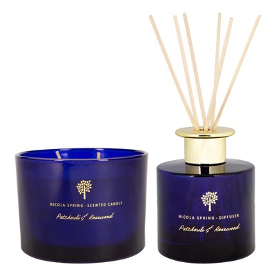Duftkerze & Schilf Diffusor Set Geschenk 38 Stunden brennen 350g Patchouli & Palisander