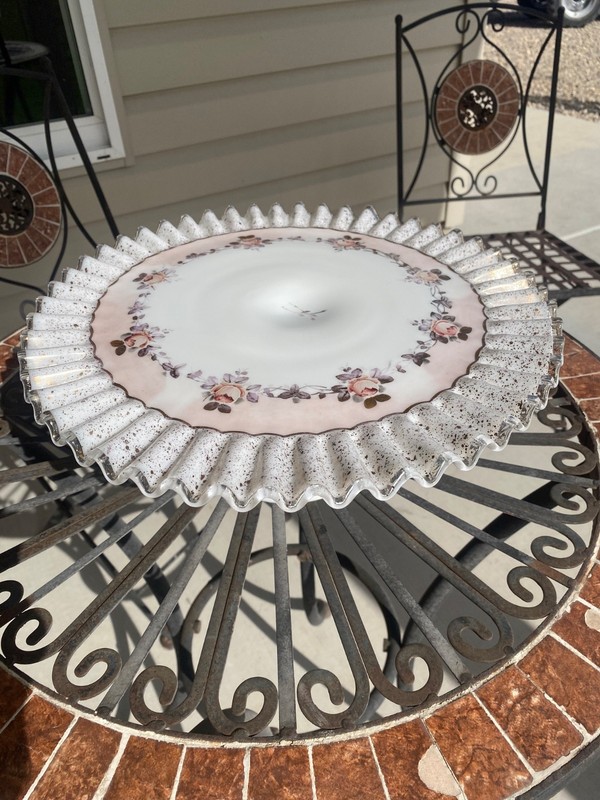 Fenton  Charleton Gold Hand Painted Roses 13” Glass Cake Stand Silver Crest