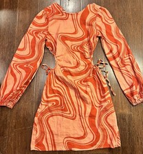 Forever 21 Long Sleeve Cutout Tie Dress Size Small Pink Orange Swirl