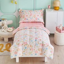 4 Piece Cotton Toddler Bedding Set for Girls, Pink Flowers Design, Soft n Bre...