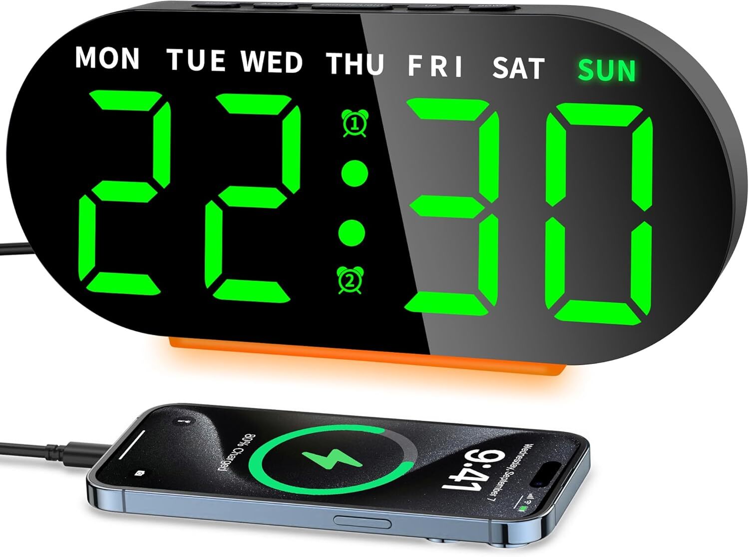 Dual alarm digital bedside clock with snooze feature