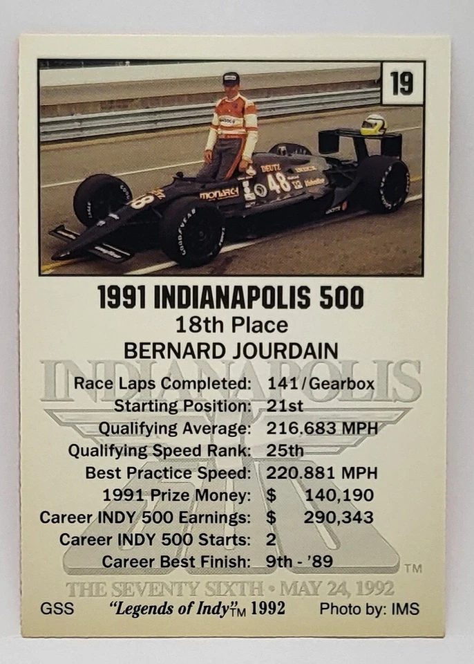 Bernard Jourdain 18thPlace Indy 500, 1991 Action,1992 Legends of Indy,Card #19 - Image 2 of 2