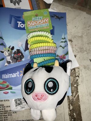 Fuzzy Squishy Cow Plush with 8 Hair Cords Set by Best Brands New With Tags