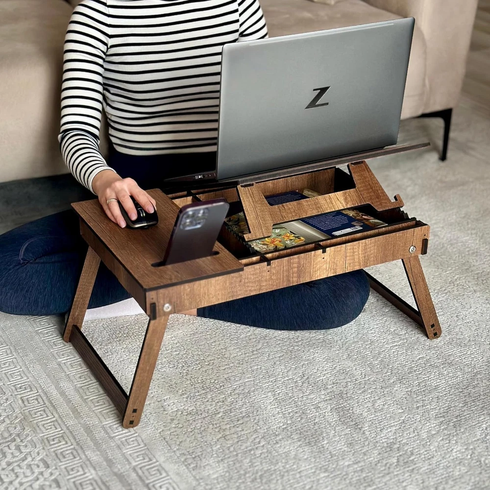 Adjustable Foldable Laptop Stand for Bed with Built-In Storage Tray  