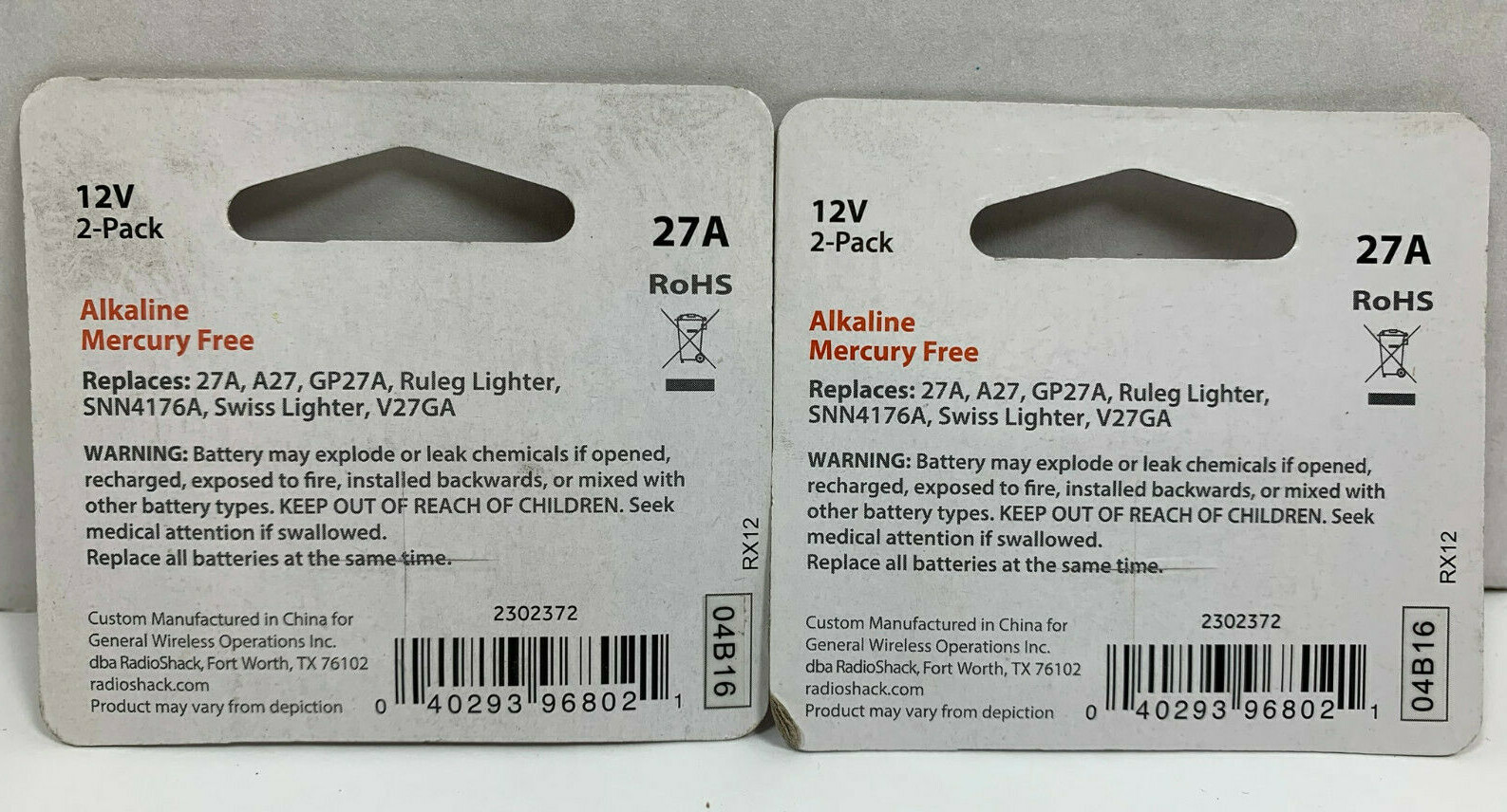 2pack RadioShack Alkaline Battery 27A 12V 2302372 04B16 (4 batteries