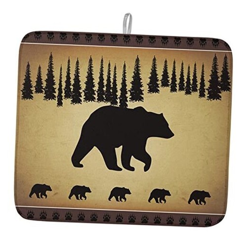 Dish Drying Mat for Kitchen Counter, Pine Tree Forest Cabin 16" x 18" Bear