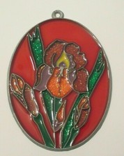 IRIS SUNCATCHER WITH A RED BACKGROUND GARDEN SPRING FLOWER SUNCATCHERS 