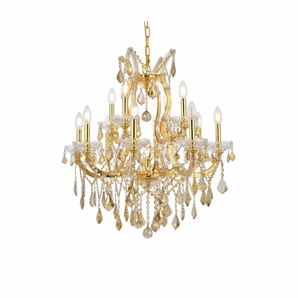 Golden Teak Crystal Chandelier Gold Frame Foyer or Dining Room 13 Light Fixture