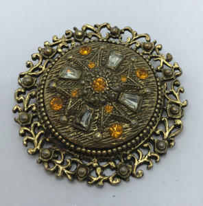 Authentic Vintage Framed Maltese Cross Yellow & Clear Rhinestone Brooch Gold Plated