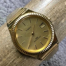 Vintage Timex Men Fashion Date Gold Expansion Band Mechanical Wind 38mm Watch 7"