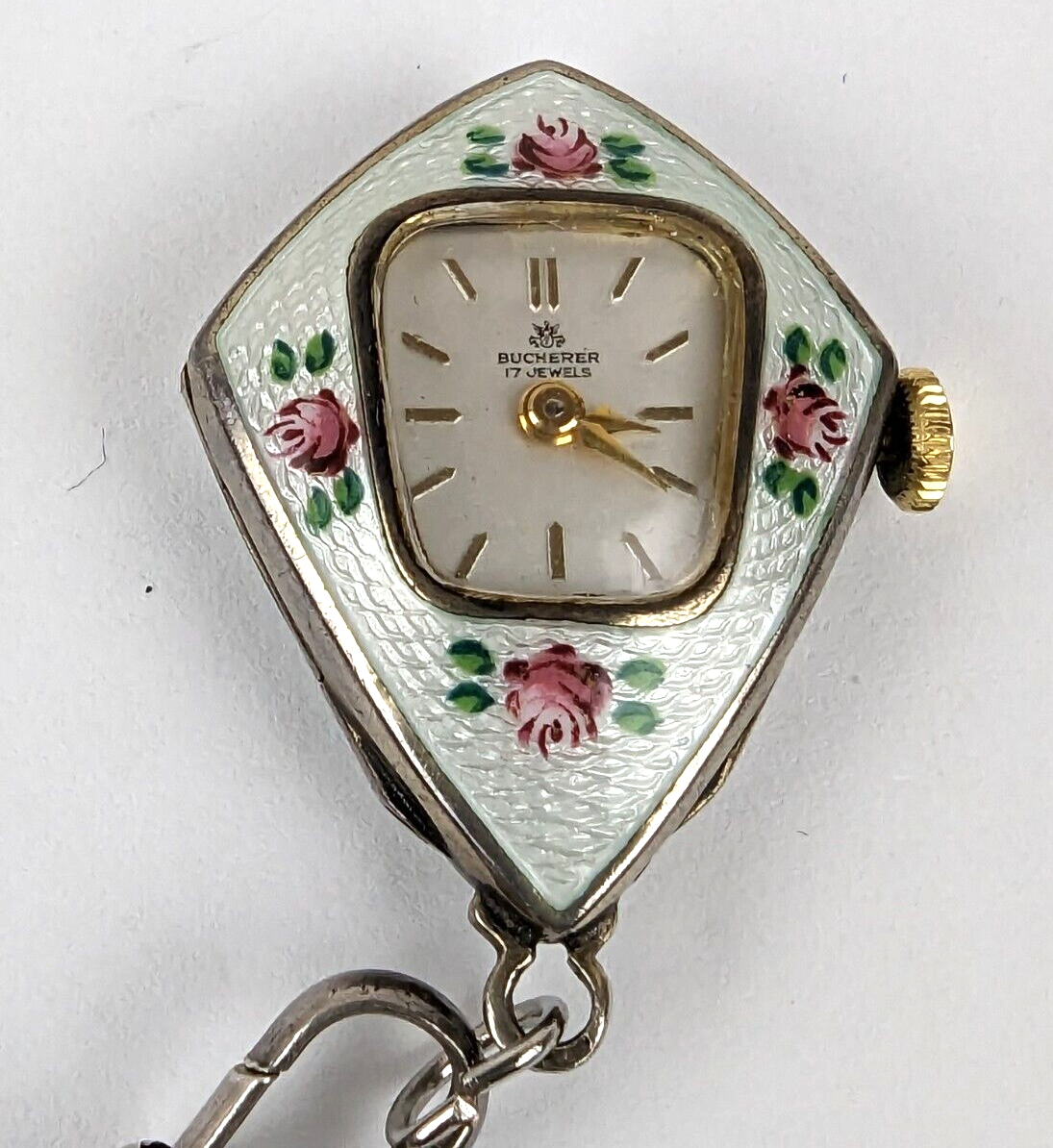 Deco 17j Bucherer Swiss Sterling Guilloche Enamel Pendant Watch Slide Chain Work