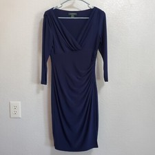 Lauren Ralph Lauren Womens Dress 6 Blue V Neck Sheath Ruched Waist Long Sleeve